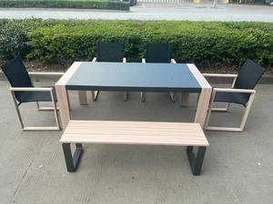 Conjunto de muebles de jardín, Banco largo impreso de aluminio, mesa de comedor impermeable para exteriores, silla de tela, juego de Patio al aire libre de Color madera - Product Image 2