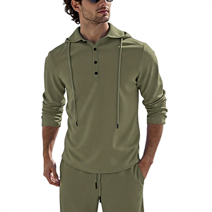 Ensemble de survêtement pour homme, vert olive, à capuche, Henley, manches longues, couleur unie, vêtements de sport décontractés, poches latérales, coton respirant - Product Image 4