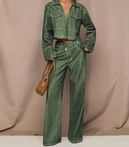 Jeans Verdes de Mujer, Estilo Urbano, para Verano y Otoño, Elásticos, de Pierna Ancha, Corte Recto, Lavados, con Cinturón, Bolsillos y Cintura Alta - Product Image 1