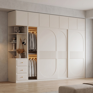 <span class=keywords><strong>Armoire</strong></span> coulissante moderne blanc crème en panneaux OSB pour chambre à coucher avec rangement supérieur et étagères latérales ouvertes, tailles personnalisables - Product Image 5