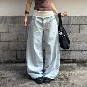 Vaqueros de pierna ancha de color azul claro con cintura tejida y dobladillo enrollado, pantalones vaqueros holgados de gran tamaño. - Product Image 1