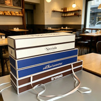 Boîte d'emballage personnalisée IMEE pour tiramisu moderne de qualité supérieure, à emporter avec poignée, boîte à gâteau mousse, boîte en carton pliable