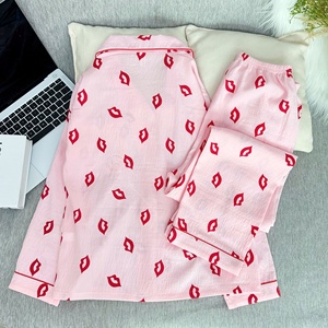 Pijamas de Mujer para Primavera y Otoño, de Algodón Suave, Cintura Elástica, Manga Larga, Pantalones Largos, Conjunto Sexy con Estampado de Labios, Holgado e Informal para Dormir - Product Image 4