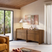 Buffet de style Japandi en chêne foncé de 70 pouces avec panneaux latéraux arrondis, armoire à 4 portes, meuble de salle à manger de luxe de qualité ENF