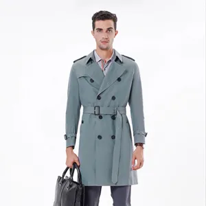 2023 Bosha Men's Dark Blue Custom Long Trench Coat with Double Breasted Closure and Turn-Down Collar