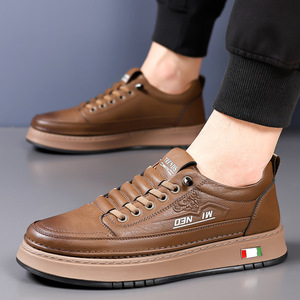 Tendances : Baskets plateforme en cuir véritable pour hommes, à lacets, bout rond, semelle extérieure en caoutchouc respirante, chaussures décontractées d'été - Product Image 2