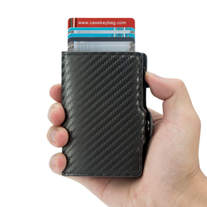 กระเป๋าสตางค์ใส่บัตรแบบพับได้ Casekey คาร์บอนไฟเบอร์ สำหรับผู้ชาย ป้องกัน RFID จุบัตรได้ 6-8 ใบ ดีไซน์ทันสมัย สีดำ - Product Image 2