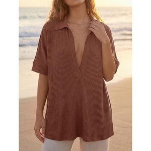 Custom <b>Womens</b> Oversized Deep V Neck Ribbed Knit Shirt Short Sleeve Casual <b>Top</b> Summer Wear - Product Image 3