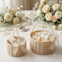 Waterdichte moderne ecovriendelijke cadeauset van plastic, handgeweven parelhandtas, groene planten- en fruitmanden met hangende handvatten.