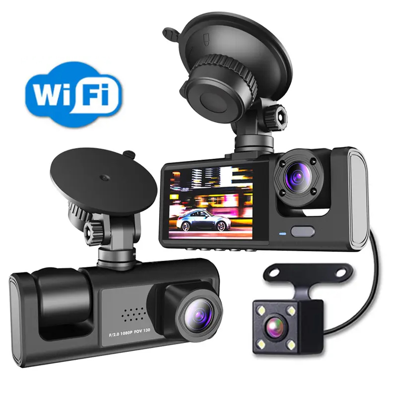 Vente en gros Boîte noire de voiture Caméras à trois objectifs 1080p Full HD Dashcam Enregistreur vidéo Wifi Voiture Dvr Dash Cam