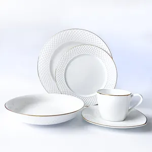 Vajilla de porcelana redonda de diseño profesional para boda, juego de cena de lujo con incrustación dorada, color blanco, hueso, china, para restaurante