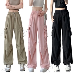 New <strong>Women</strong> <strong>Sport</strong> Pants High Waist Pockets Drawstring Loose <strong>Trousers</strong> Lady Solid Smooth Ice Silk Pants - Product Image 2