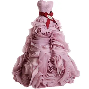 奢华糖色欧根纱舞会礼服与欧根纱缝制在花层欧根纱大花礼服