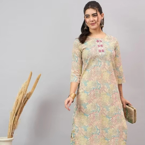Beige Floral Printed Pure Cotton Kurta With <b>Trousers</b> <b>For</b> <b>Women</b> Bulk product Customized <b>Women</b> Clothing - Product Image 1