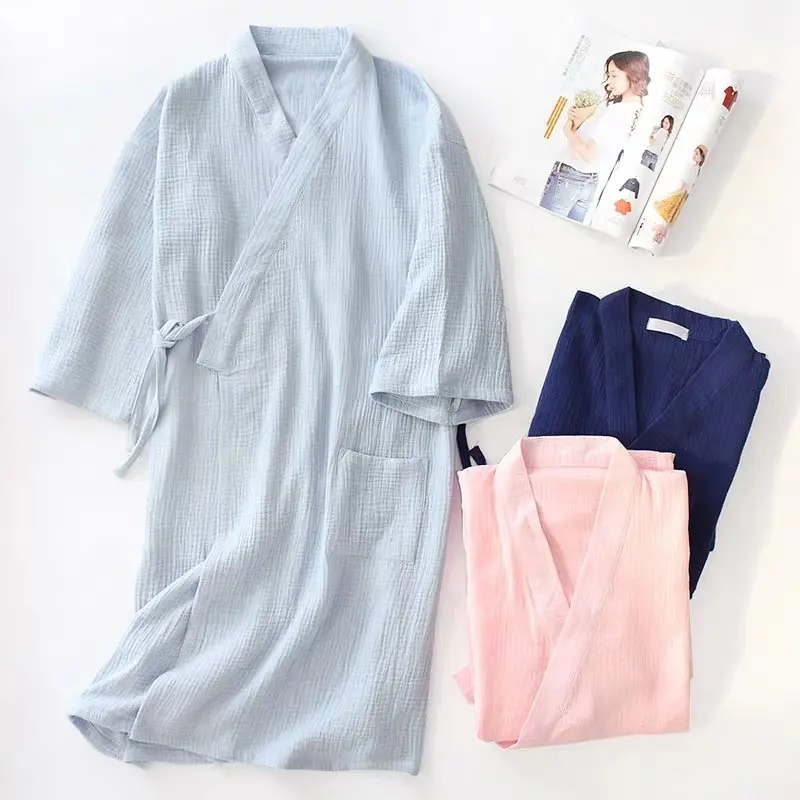 Toptan en kaliteli Pijamas süper yumuşak % 100% pamuk çift gazlı bez tam kollu pijama setleri pantolon ev giyim ile