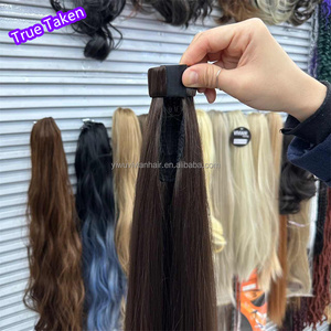Vivian Top synthetische Yaki Klett verschluss-Pferdes chwanz Echthaar Hand fühlen Clip Kleber Klett verschluss-Haar rollen Haar verlängerung Klett verschluss - Product Image 4