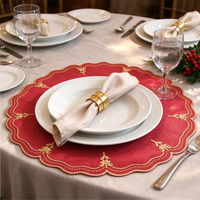 Set de table rond en lin rouge brodé avec bord festonné pour Noël, mariage, banquet, décoration de table