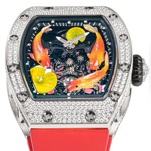 Luxury Diamond Bezel Tonneau Watch 3D Koi Fish Dial with <b>Red</b> Rubber Strap - Product Image 4