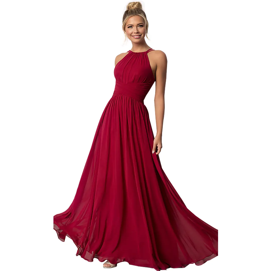 Vintage style red prom dresses backless Modest Chiffon evening dress High-Neck Ruched Long Prom Dress