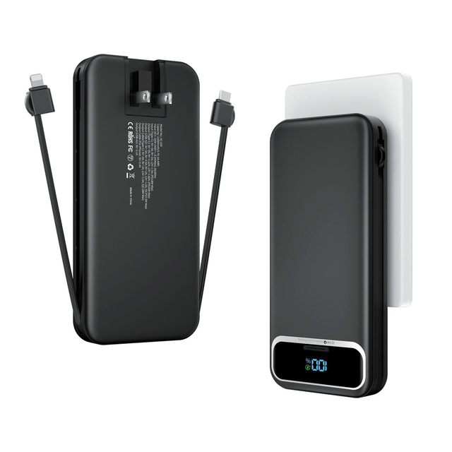12000/20000mAh 6-in-1 Portable Charger Built-in AC Plug Cables UL2056 FCC Certified 22.5W Fast Charge Polymer Lithium-Ion