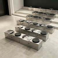 Banc d'attente design industriel en acier inoxydable, 2 places, avec coussin en cuir et table d'appoint pour hall d'hôtel, bureau, salon, extérieur