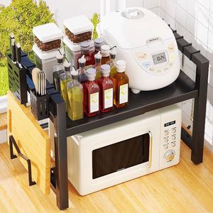 Customize Multifunctional Carbon Steel <b>Kitchen</b> Storage Rack Fixed Microwave Countertop Shelf with <b>Hook</b> Chopsticks Knife Holder - Product Image 2