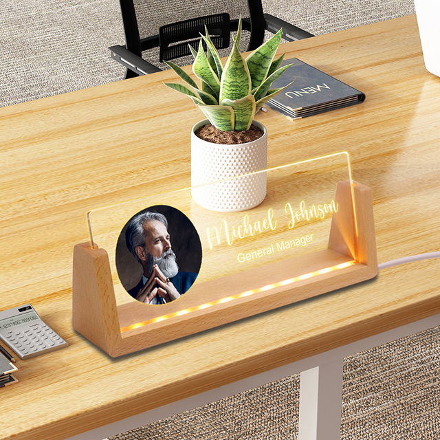 Customizable U-Shaped Night Light: Personalized Acrylic LED Photo Frame with Wooden Base Wood LED Base