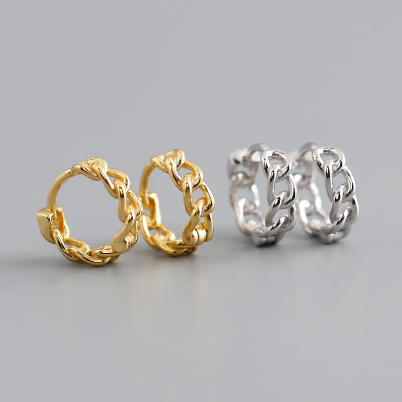 Fine Jewelry Geometric Link Chain Round Hoop Earrings 925 Sterling Silver For Women