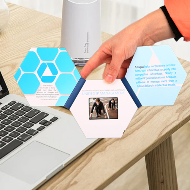 One-stop Customization 2.4 Inch Hexagonal Blue Custom Lcd Video Brochure Card Video Greeting Card Lcd Display
