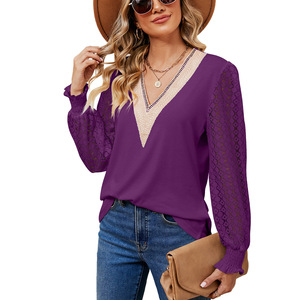 Wholesale of New V-neck Lace Elegant <strong>Blouse</strong> Plus Size Long Sleeved T-shirt Tops for Women - Product Image 2