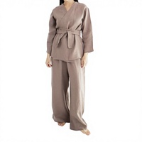 Ensemble Kimono et Pantalon Large en Lin Bleu pour Femme, Manches Longues, Style Cache-Cœur, avec Ceinture, 100% Lin, Vente en Gros