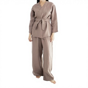 Ensemble Kimono et Pantalon Large en Lin Bleu pour Femme, Manches Longues, Style Cache-Cœur, avec Ceinture, 100% Lin, Vente en Gros - Product Image 2