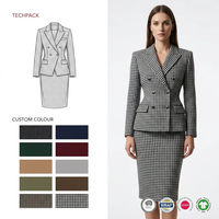 Costume de bureau pour femme en laine peignée premium, motif pied-de-poule classique personnalisé, avec blazer et jupe crayon mi-longue taille haute, coupe silhouette sablier