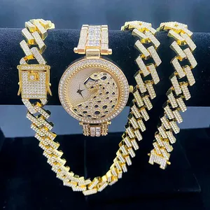 3PCS黄金珠宝套装男士女士豹纹冰镇手表项链手链珠光钻石古巴链项链男士黄金手表