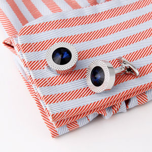 Boutons de manchette de luxe pour hommes, de haute qualité, en cristal bleu clair rond, accessoires de chemise en argent, en stock - Product Image 6