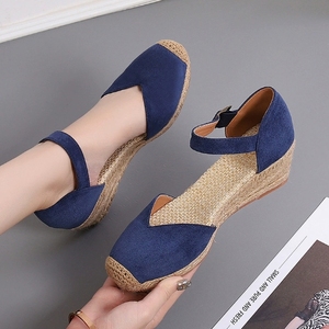 Espadrilles de style européen et américain, nouveau modèle, compensées, en daim, à bride cheville, à talon haut, découpées, en paille tressée - Product Image 6