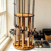 Support de rangement vertical rotatif pour 24 cannes à pêche en bois massif, sans outil de montage, pour salon et extérieur, à prix réduit