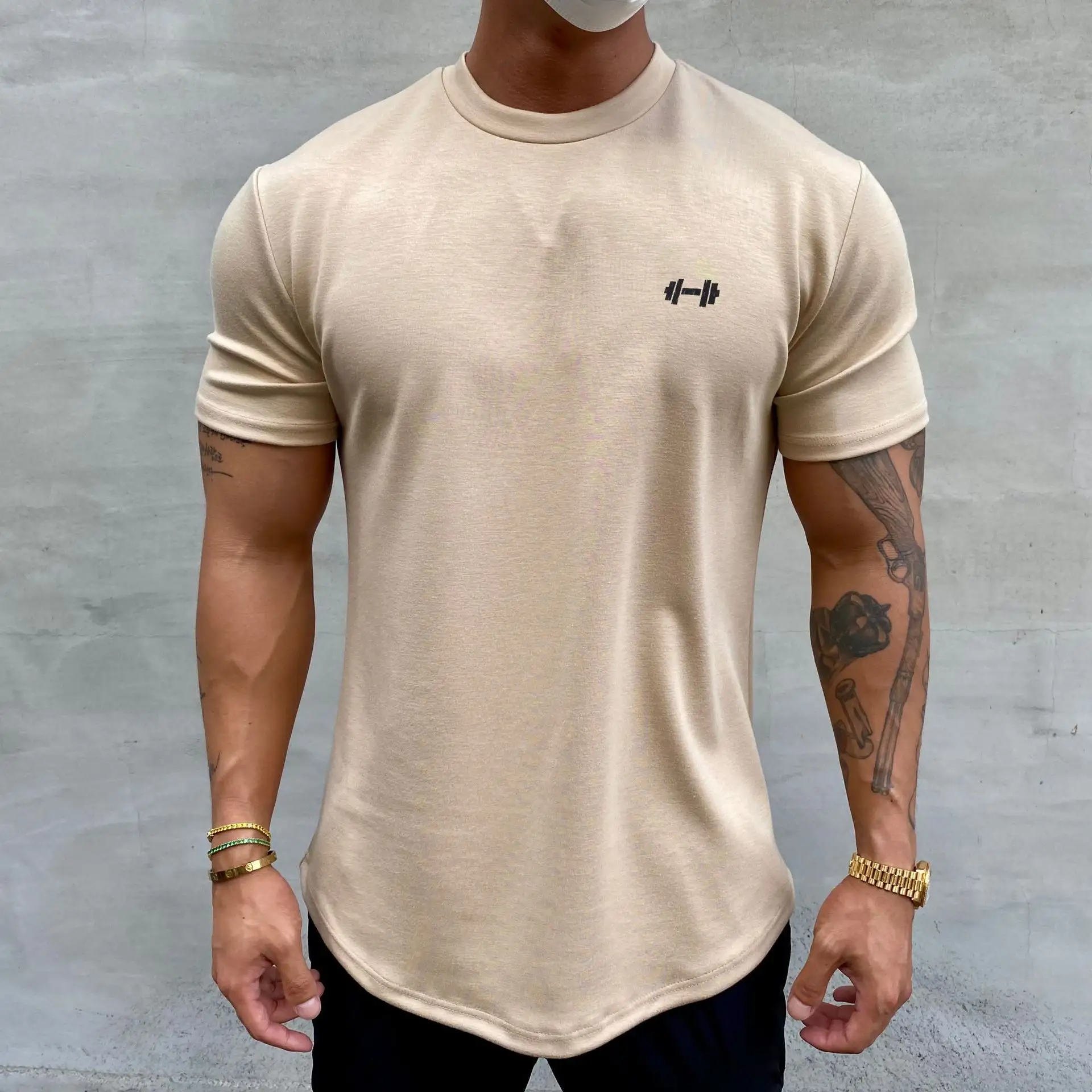 Camiseta de entrenamiento de algodón de alta elasticidad para hombre, Camiseta deportiva para fitness, camiseta de gimnasio con estampado de pantalla, Camiseta holgada para fitness