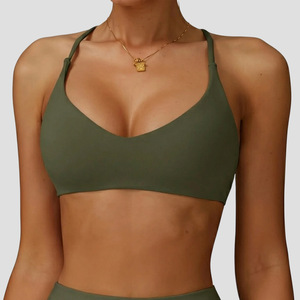 Sujetador deportivo para mujer al por mayor con cuello en V, tirantes finos, espalda hueca con doble diseño cruzado, acolchado, para yoga, gimnasio, correr y entrenamiento, tipo crop top - Product Image 1