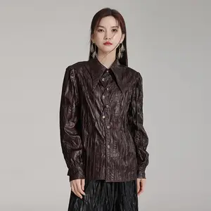 2024新款中式顶级女式棉衬衫独特水波图案长袖PU夏季休闲连衣裙