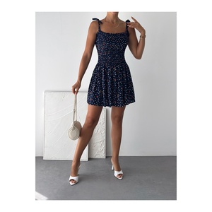 Vestido Mini de Viscosa Azul Marino con Estampado Floral y Tirantes Finos para Mujer, Cintura Elástica, Estilo Casual Diario, Tallas S M L XL - Product Image 6