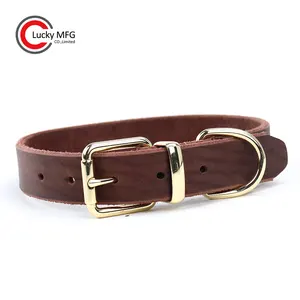 Genuine Leather Personalized Solid Pet Collars Leashes With Metal Buckle Wholesale Luxury Thick Real Leather Dog Collar Brown