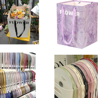 Sac de courses en papier pliable personnalisé avec base rigide et poignées en ruban, impression de logo personnalisée pour sac cadeau de fleuriste