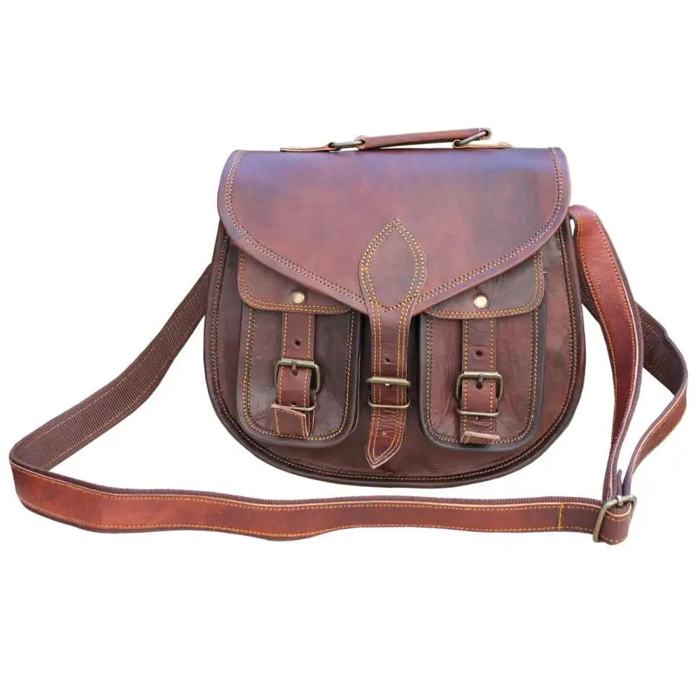 Real Goat Leather Vintage Leather Bag Round Bag Ladies Cross Body Purse Tote Shopping Bag Two Front Pocket with Lock Closer