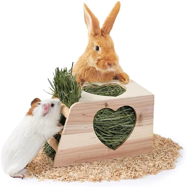 Factory Custom Wooden Rabbits Hay Feeder Holder Wall-Mounted Pet Feeding Rack Less Waste Wood Rabbit Hay Magener