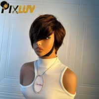 Perruques en cheveux humains bruns en gros, cheveux vietnamiens bruts, coupe pixie courte, perruque sans colle fabriquée à la machine avec frange pour femmes
