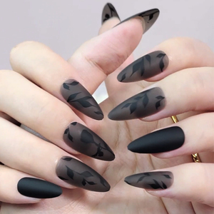 Black Matte a mandorla corta sulla punta per unghie fornitore indossabile unghie da <span class=keywords><strong>donna</strong></span> con disegni foglia Trending unghie finte Kit Box - Product Image 2