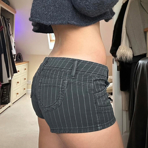 กางเกงยีนส์ขาสั้นผู้หญิงทรงตรงสไตล์วินเทจลายทางสีดำเอวต่ำมีกระเป๋าใส่ของทรงปกติสไตล์สตรีทแวร์ลำลองสปอร์ตสำหรับฤดูร้อน - Product Image 4