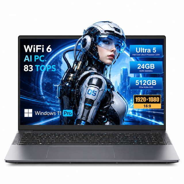 New Arrival 15.6 Inch Intel Core Ultra 5 225H AI Business Laptop 24GB LPDDR5 512GB PCIe NVMe SSD Windows 11 Pro FHD IPS Notebook