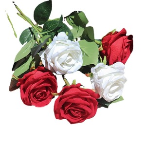 Kch Artificial Rose <b>Bouquet</b> Red And Ivory Velvet Fabric Wedding Decor Valentine's Day Gift Photography Props - Product Image 5